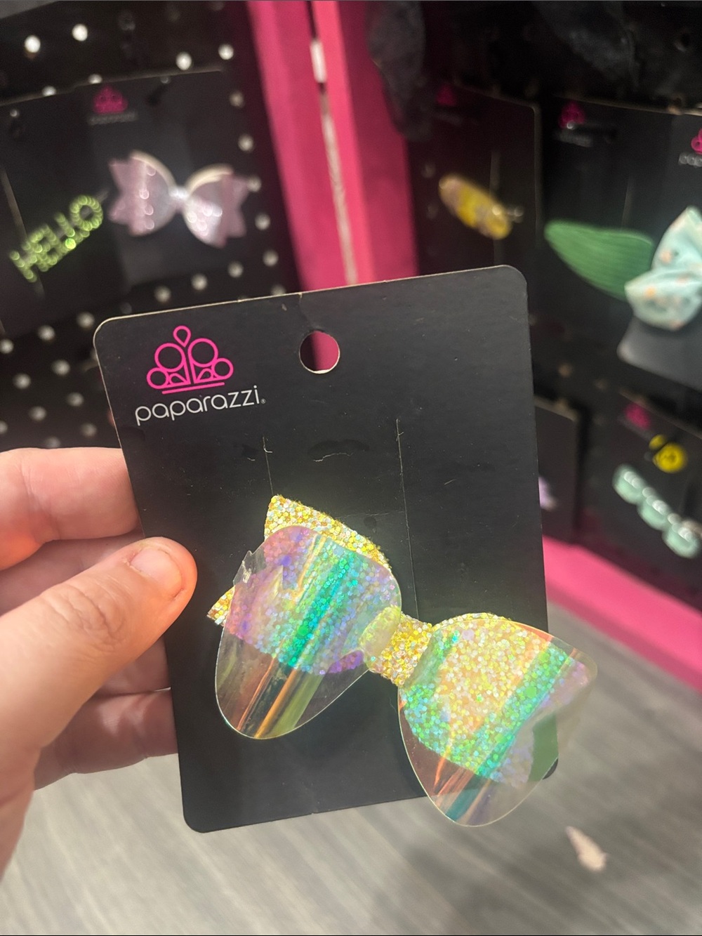 paparazzi Iridescent Glitter Bow Hair Clip - Yellow Green Multi